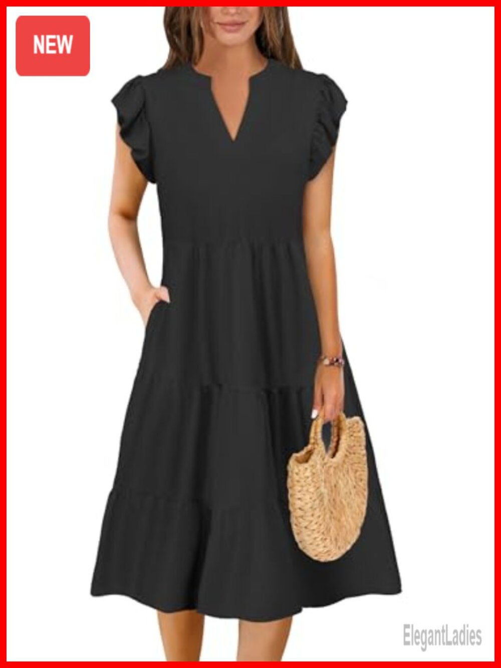 Womens Summer Midi Dress Tiered A-Line Flutter Sleeve V-Neck Wedding Guest